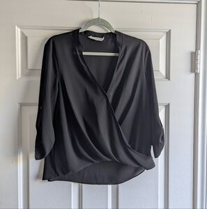 All In Favor Sheer Black V-Neck Blouse, Size Small